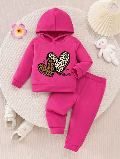 Spring Fall Outfit Leopard Heart Print Hoodie Cute Casual Outfit Hooded Set