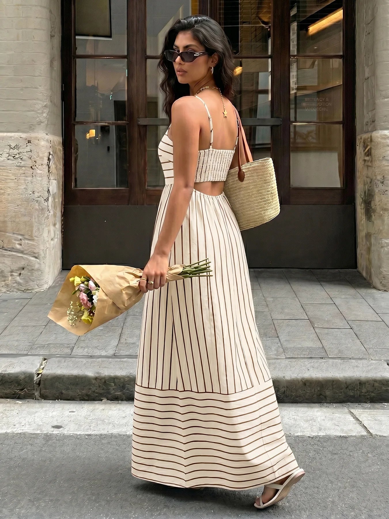 Striped Backless Loose Beach Causal Slip Strapless Long Dress