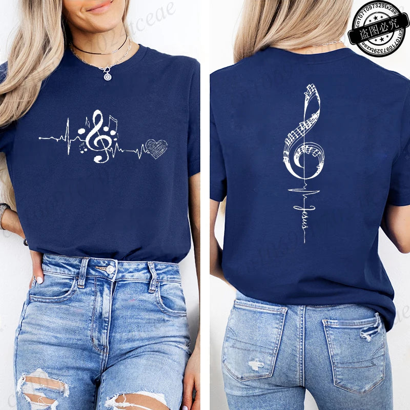 Musical Notes Printed Heartbeat Music Graphic Tee Shirts