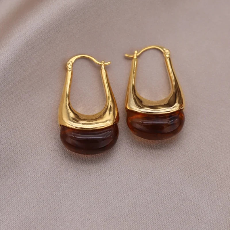 Korean design 14K gold plated round amber resin earrings