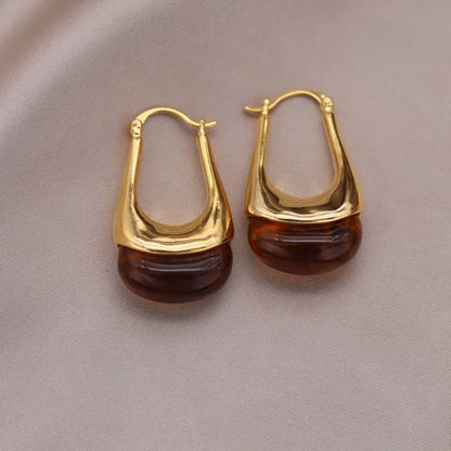 Korean design 14K gold plated round amber resin earrings