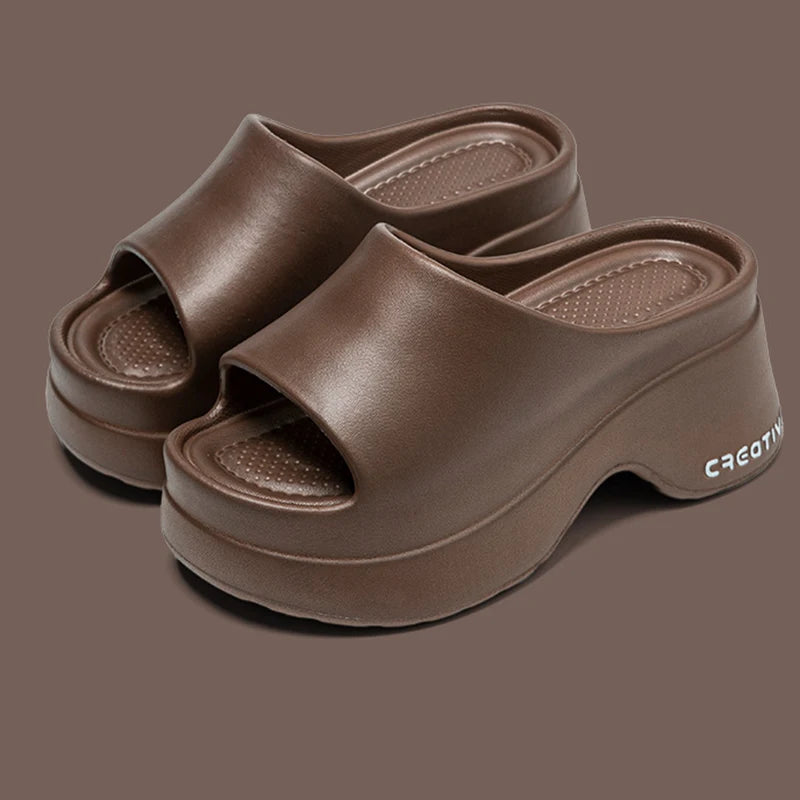 Elegant Pink Platform Wedge Heel Soft Lightweight Thick Bottom Slippers