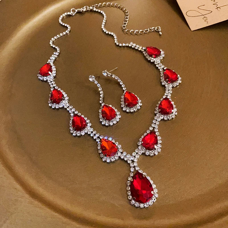 Inlaid Red Rhinestone Necklace Earring Set
