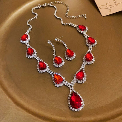 Inlaid Red Rhinestone Necklace Earring Set