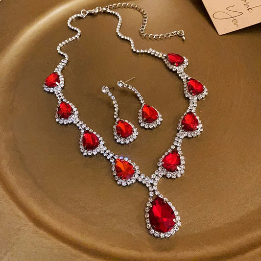 Inlaid Red Rhinestone Necklace Earring Set