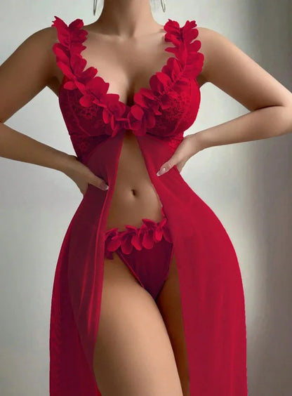 3D Floral Lace Lingerie Dress Nightgown Set