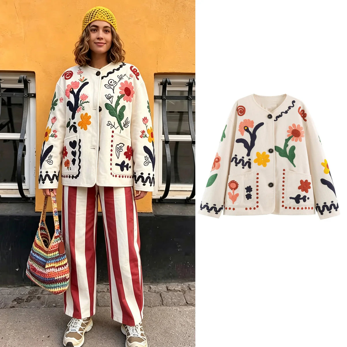 Boho Colorful Flower Print Cardigan Round Neck Long Sleeve Coat Jacket