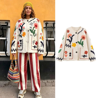 Boho Colorful Flower Print Cardigan Round Neck Long Sleeve Coat Jacket