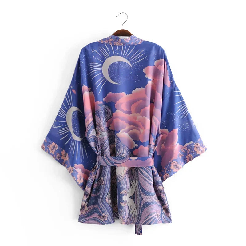 Boho Queens Vintage Star and Moon Floral Sashes Bohemian Short Robe