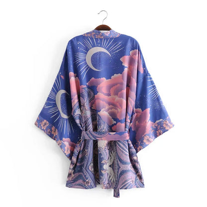 Boho Queens Vintage Star and Moon Floral Sashes Bohemian Short Robe