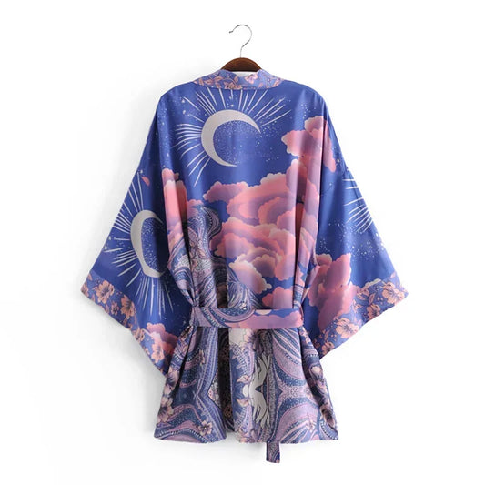 Boho Queens Vintage Star and Moon Floral Sashes Bohemian Short Robe