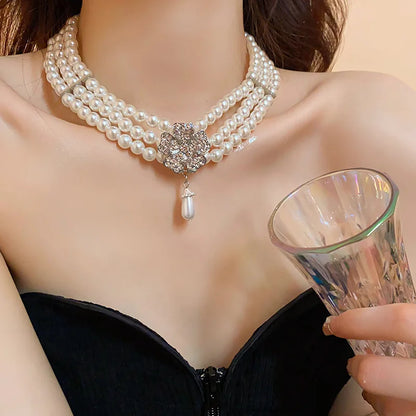 Rhinestone Flower Pearl Necklaces Jewelry Sets