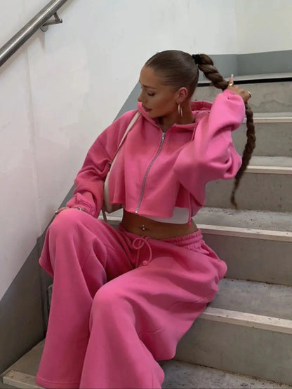 Zip-up Cropped Sweatshirt and Long Pants Casual Hoodies Sweatpants Set
