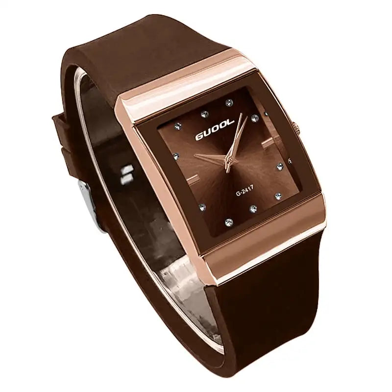 Quartz Rose Gold Square Case Black Silicone Strap Dial Crystal Watch
