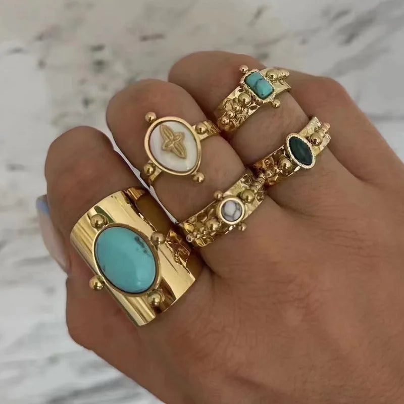 Creative Gold Plated Stainless Steel Simple Geometric Round Natural Stone Ring