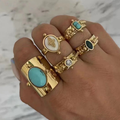 Creative Gold Plated Stainless Steel Simple Geometric Round Natural Stone Ring