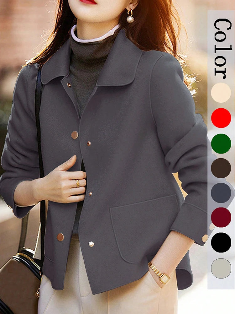 Classic Solid Short Woolen Warm Button Up Coat Outfits Jacket
