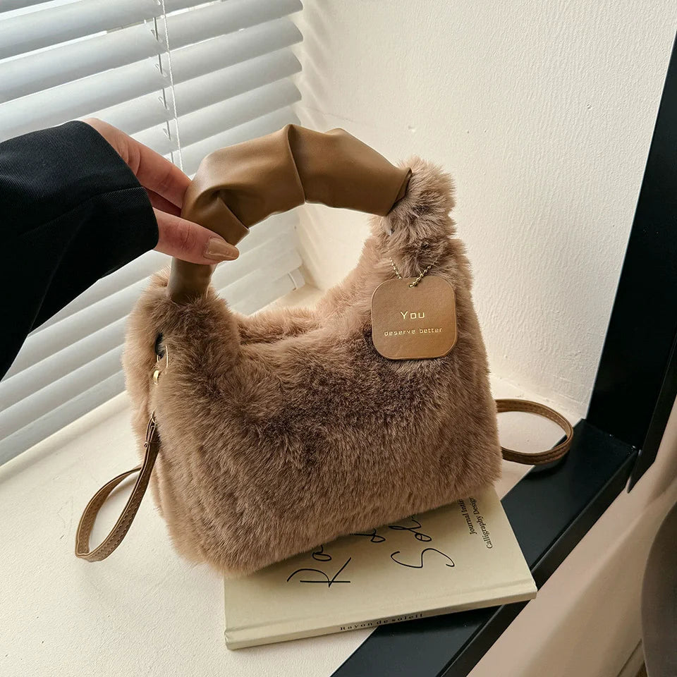 Faux Fur Plush Ruched Handle Small Shoulder Crossbody Bag