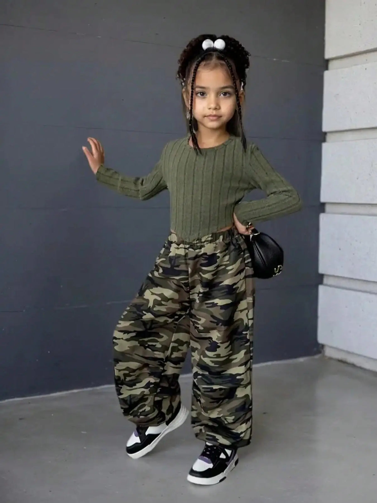 Sporty Casual Long Sleeve Top And Camo Print Pants Set
