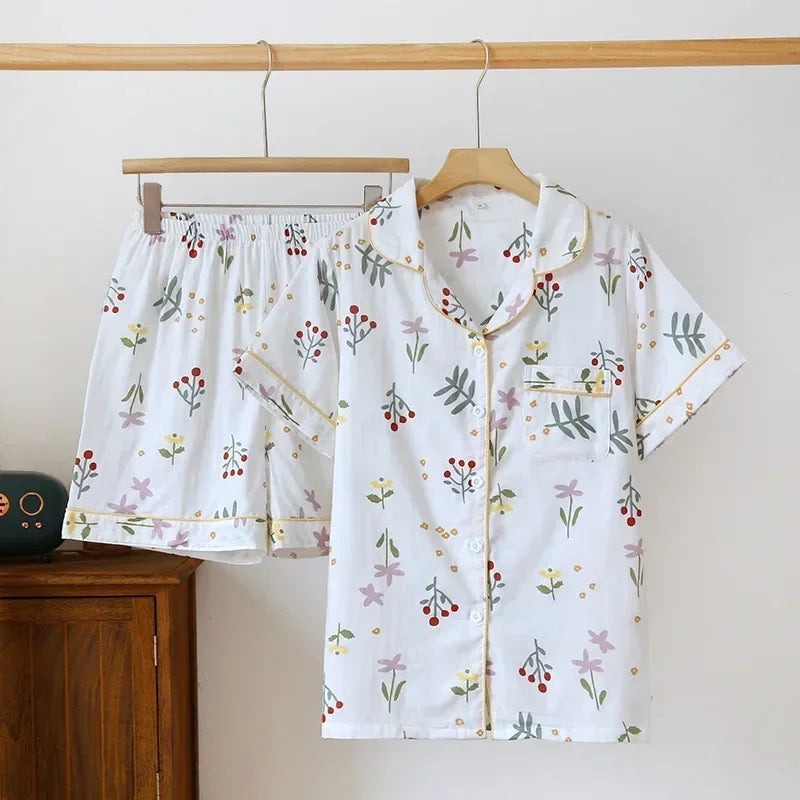 Japanese 100% Cotton Gauze Thin Short-sleeved Shorts Cute Cat Cartoon Pajama Set