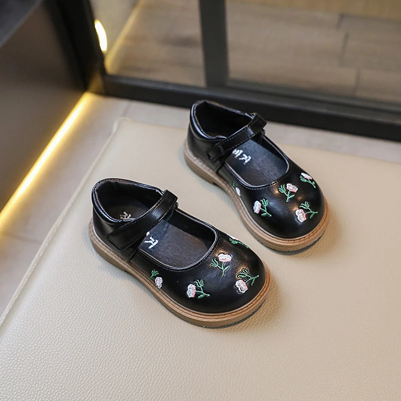 Leather Flowers Flats Mary Janes Soft Shoes