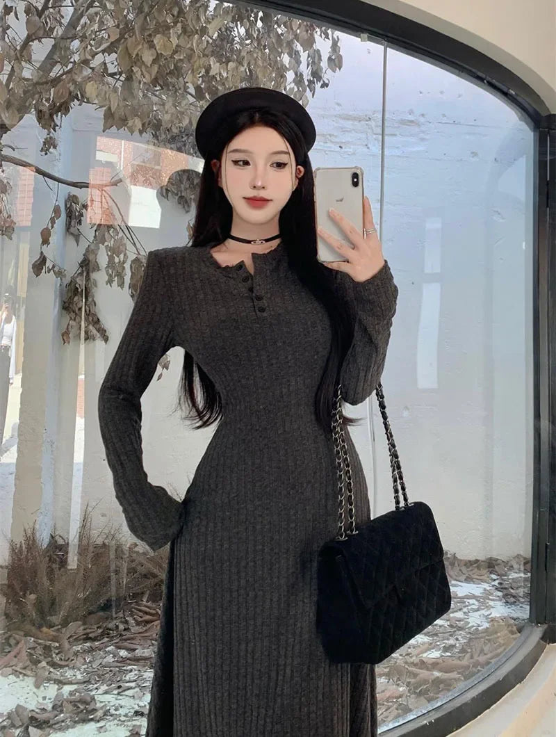 Elegant Slim High Waist Knit Long Sleeve Thick Warm Long Dress