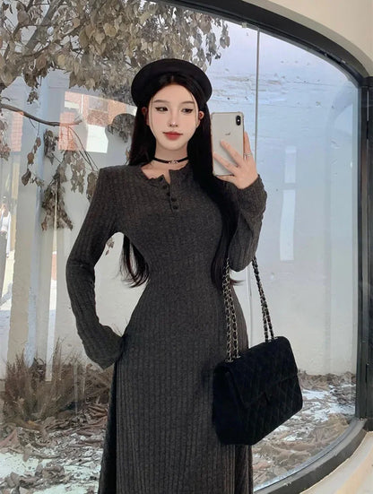 Elegant Slim High Waist Knit Long Sleeve Thick Warm Long Dress