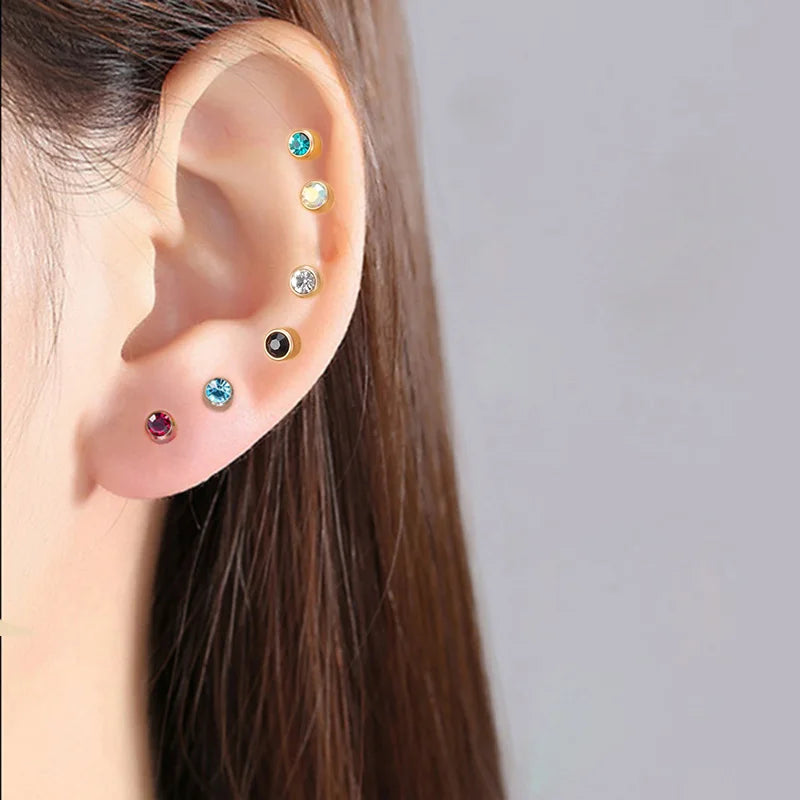 2Pcs Surgical Steel Crystal Screw Ball Stud Earrings