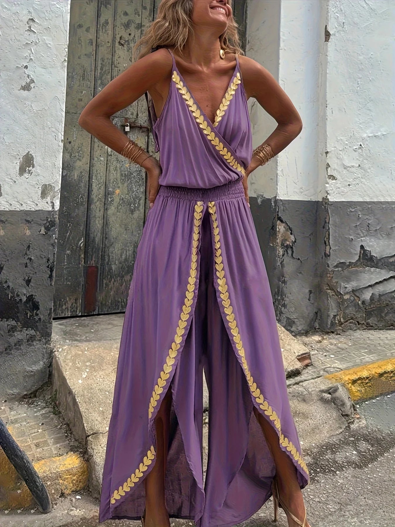 Casual Purple Gold Embellished Jumpsuit