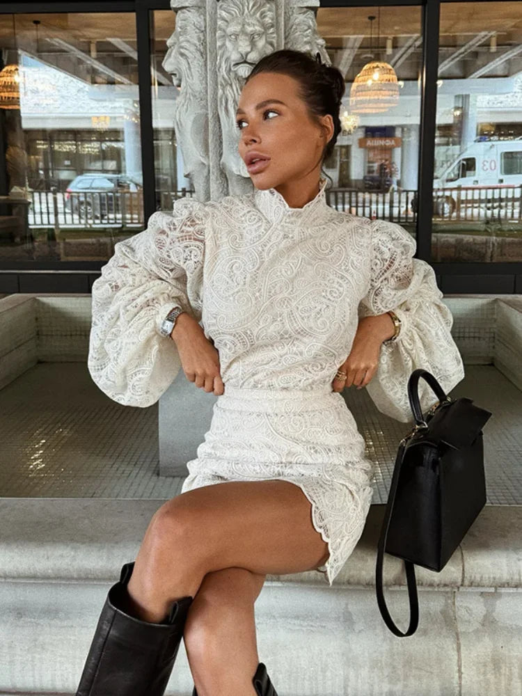 Flared Sleeve High Neck Slim Mini Dress