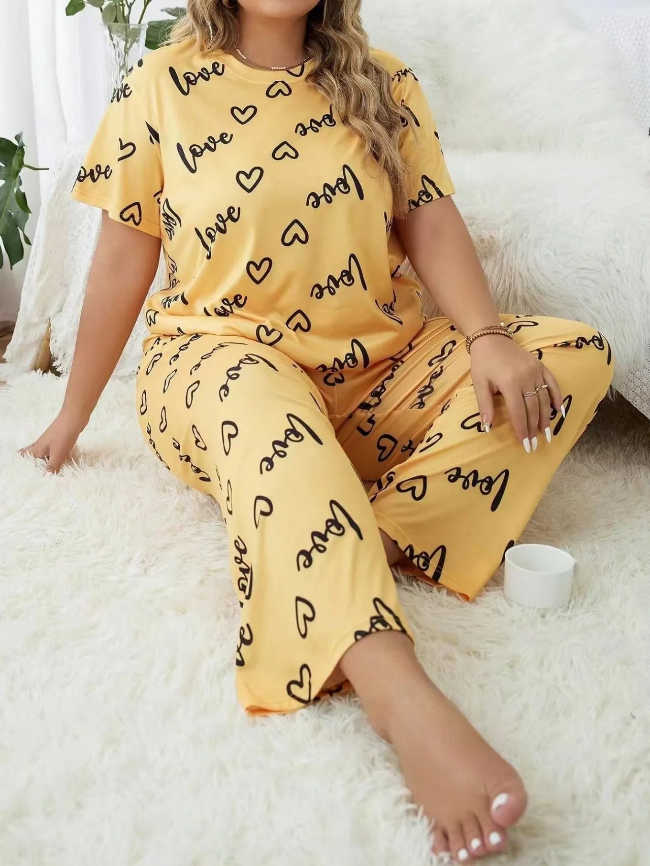 Plus size Spring Long Sleeve Tops Shorts Pajamas Set Sleepwear