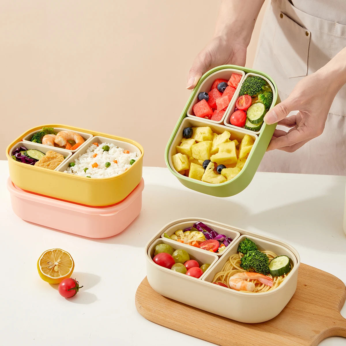 Outdoor Portable Sealed Divided Food Container 3 Grids Plastic Lunch Box