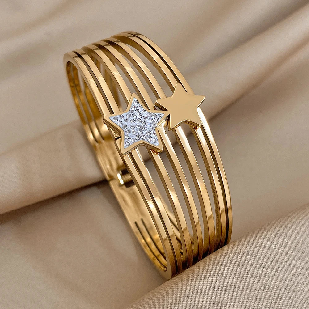 Multiple Vintage Inlaid Rhinestone Zircon Stainless Steel Wide Bangles Bracelets