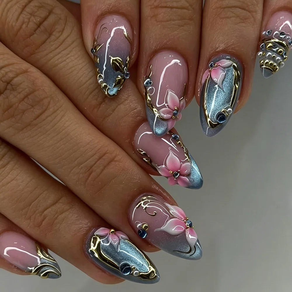 24pcs/Box Long Coffin False Nails Art Rose with Glue Wearable Jelly Nails