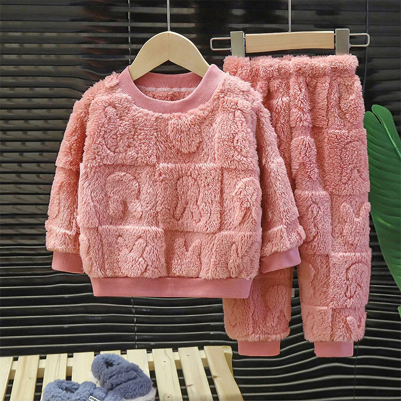 Cotton Autumn Winter Plus Fleece Warm Cartoon Top+Pants Set