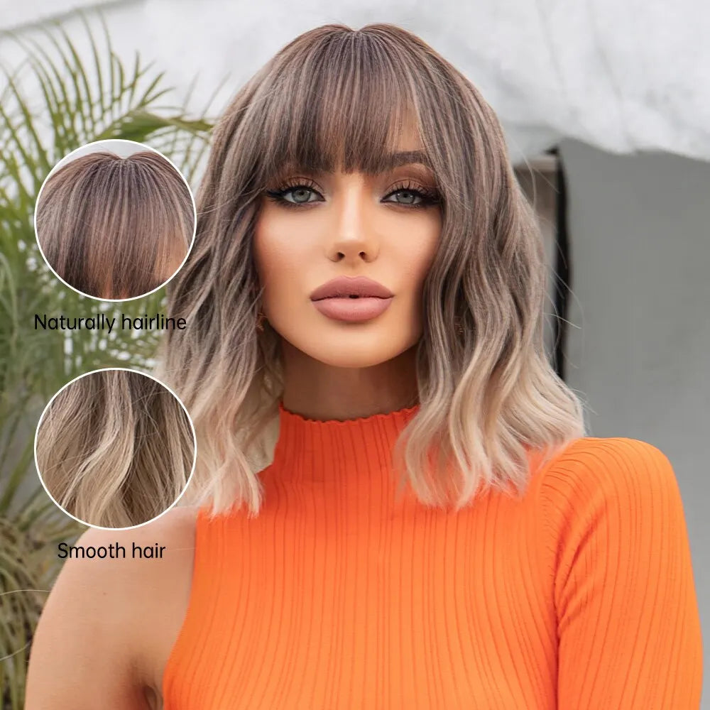 Wavy Bob Short Blonde Dark Roots Wigs
