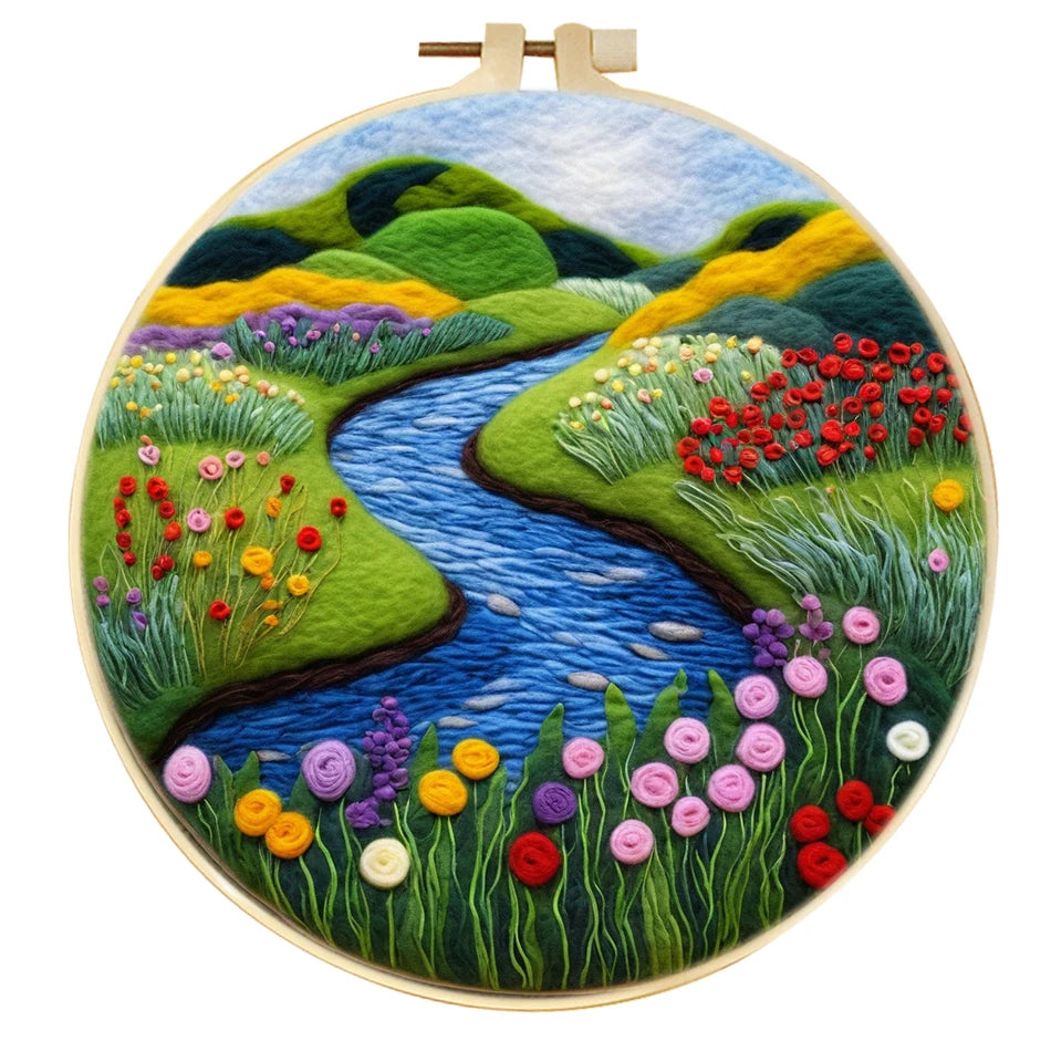 Waterfall Landscape Wool Felting Painting Frame DIY Wool Embroidery Kit