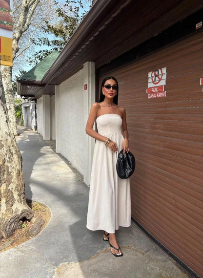 Off-Shoulder Strapless Waist-Cinching Long Dress