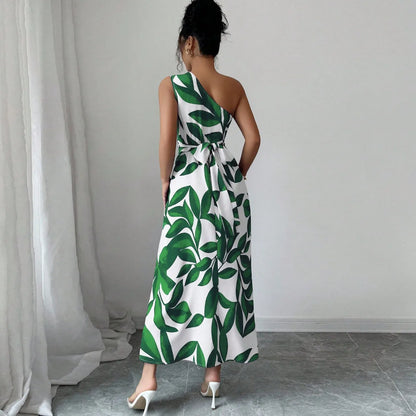 Cross-Border Floral Print Asymmetrical Shoulder Split Long Dress