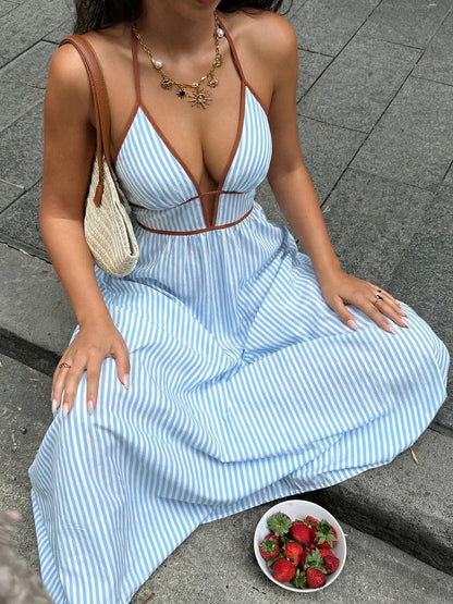 Deep V-neck Striped Sexy Backless Sleeveless Neckline Long Dress