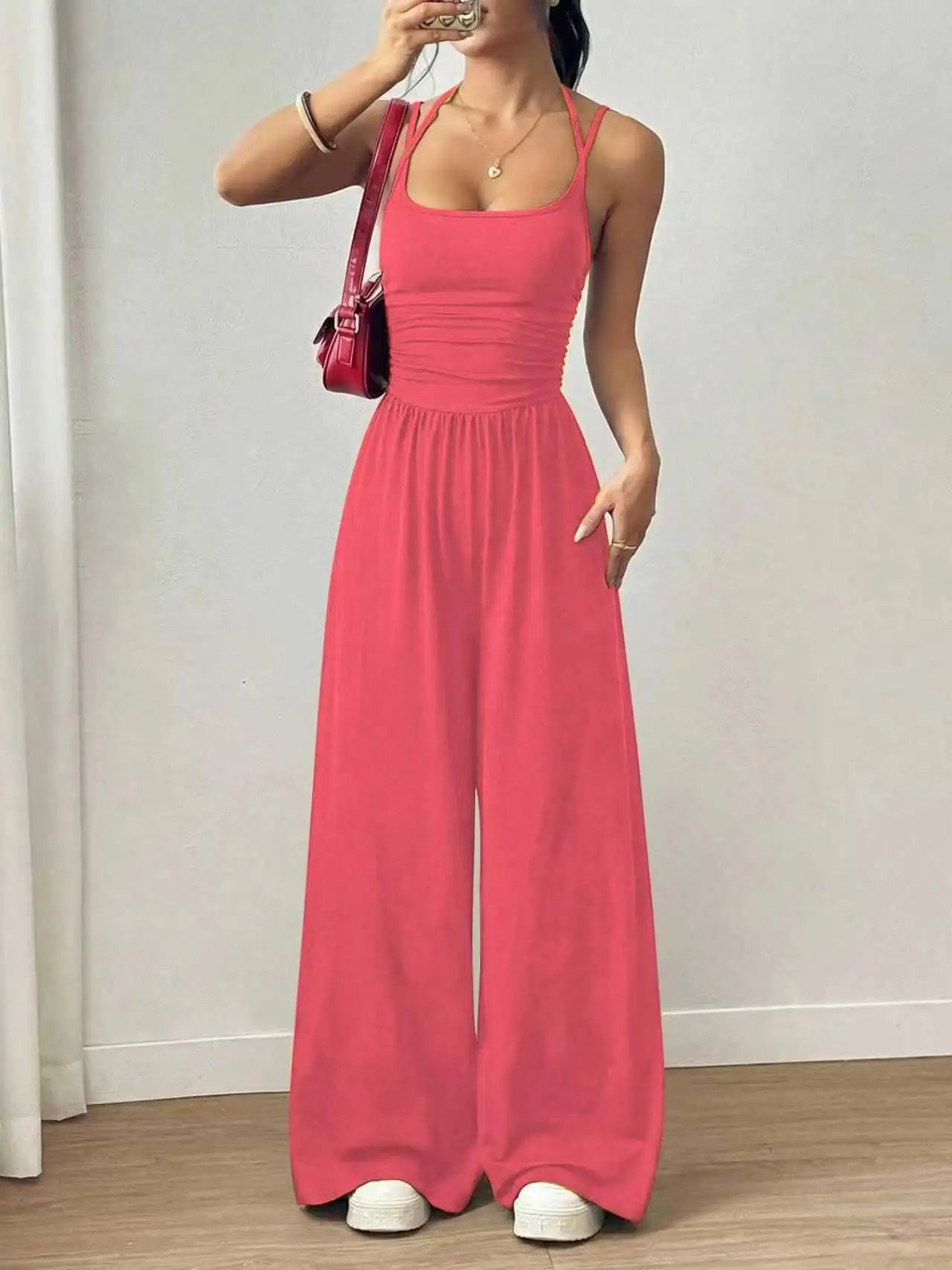 Halter Spaghetti Strap Casual Elastic High Waist Backless Wide Leg Jumpsuits