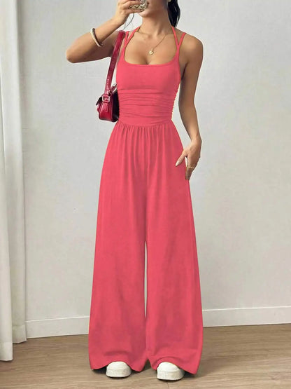 Halter Spaghetti Strap Casual Elastic High Waist Backless Wide Leg Jumpsuits