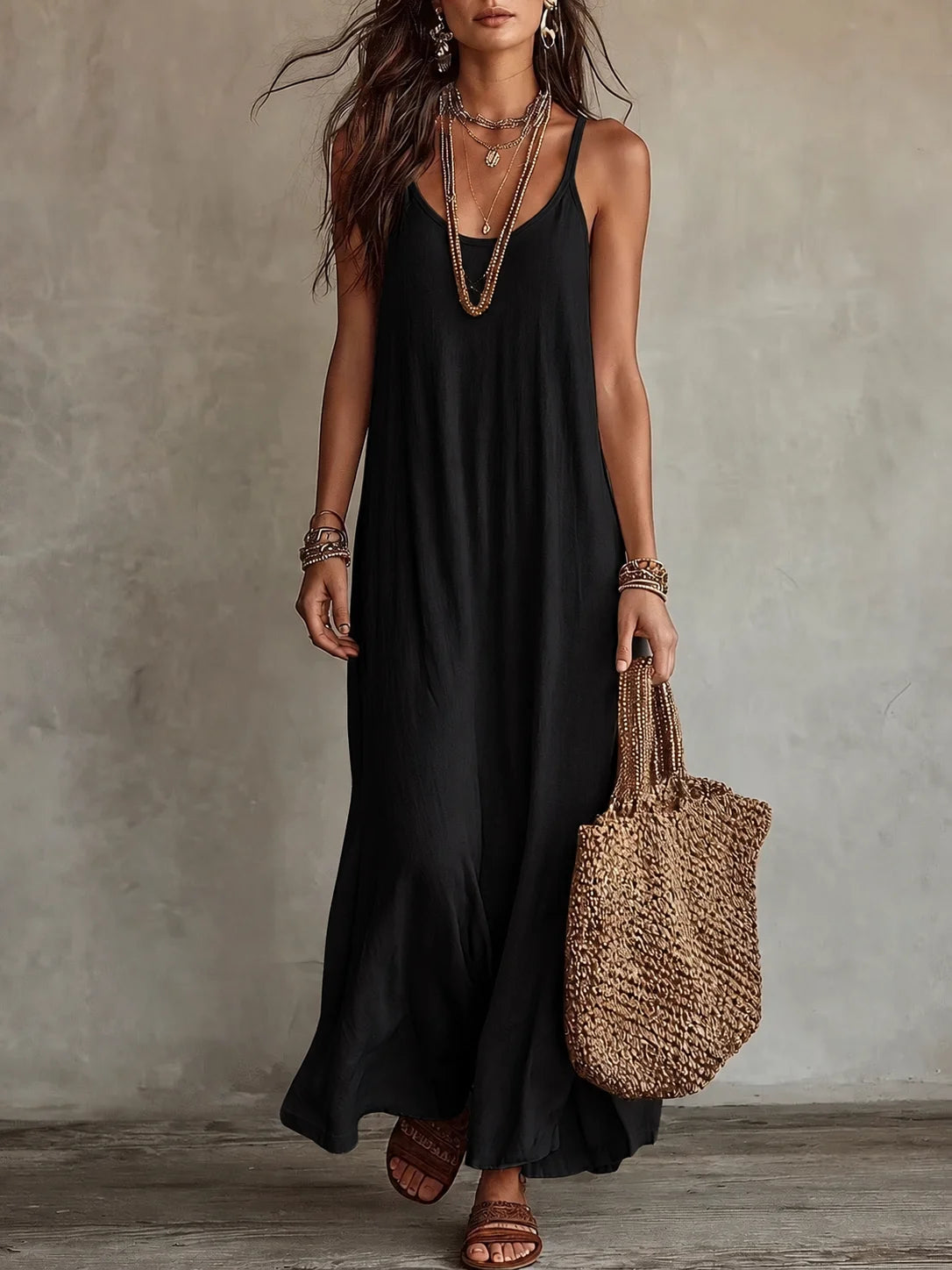 Loose Stain A-Line Long Dress with Thin Straps