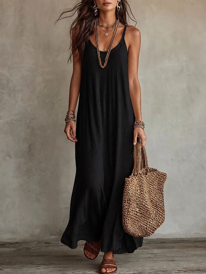 Loose Stain A-Line Long Dress with Thin Straps