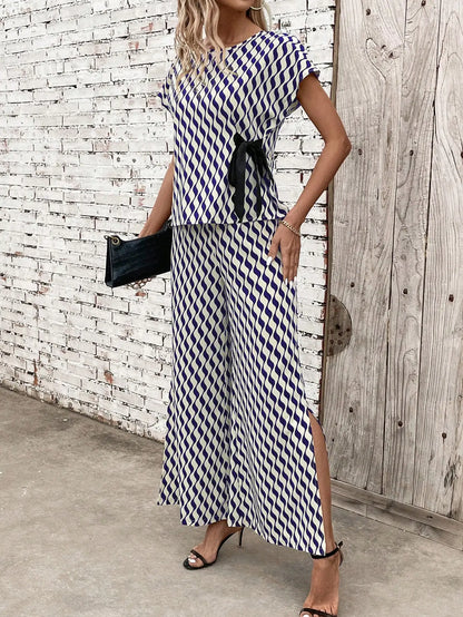 Geometric Wave Print Short Sleeve Tie Slit Wide Leg Pants Set