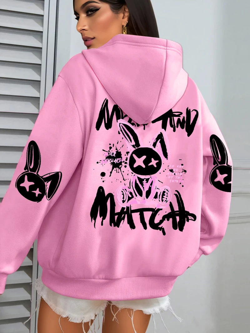Mix And Match Cartoon Rabbit Prints Hoodie Pocket Streetwear