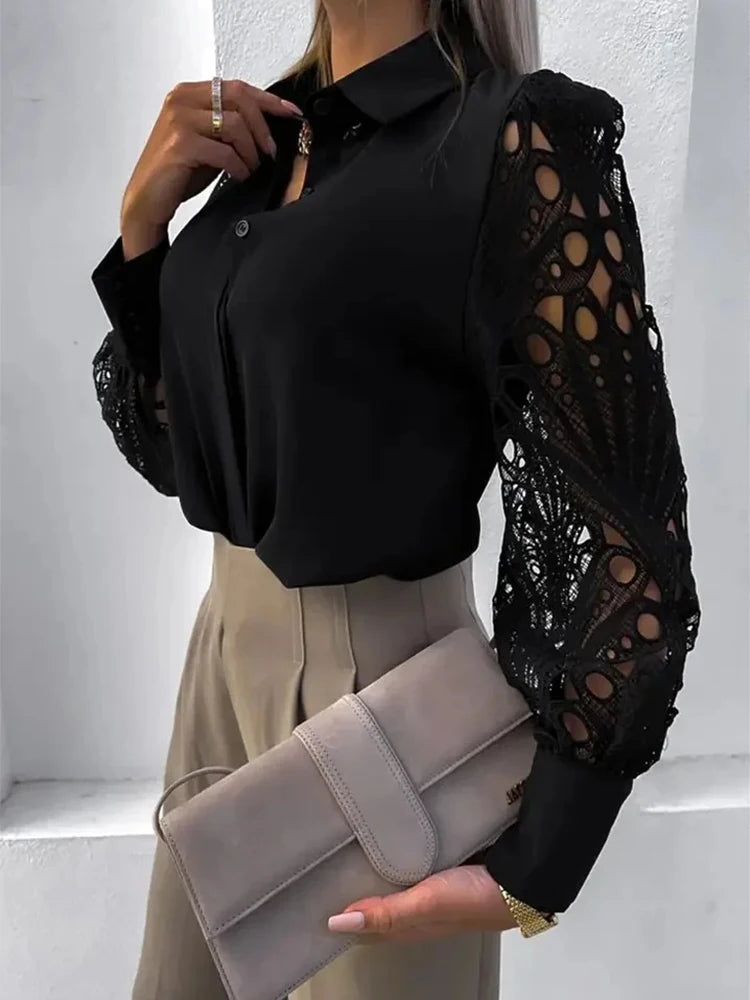V-neck Lace Sleeve Cut-out Blouse
