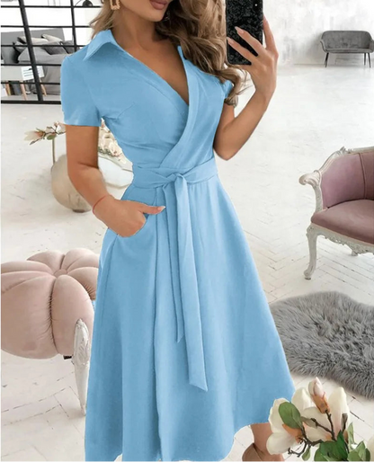 Short Sleeve Wrap V Neck Midi Dress