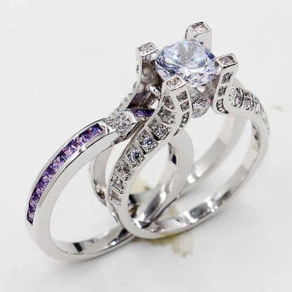 14K White Gold Vintage Lovers Grown Pink Diamond Ring Set