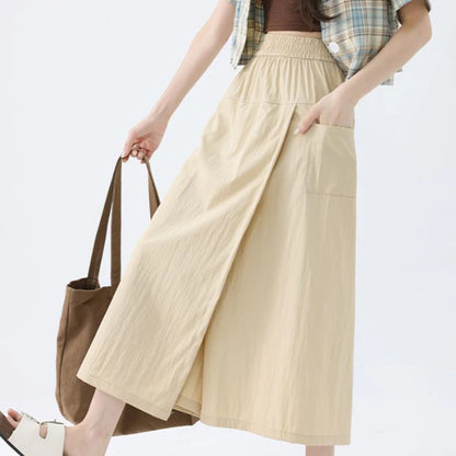 Loose Fit Thin Pants High Waist Slit Korean Midi Cargo skirt